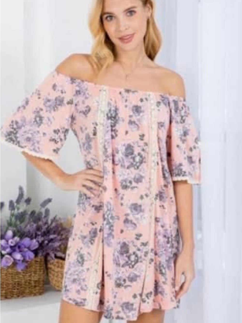Mittoshop Pink and Purple Floral Short Sleeve Off Shoulder Mini Dress. Size M